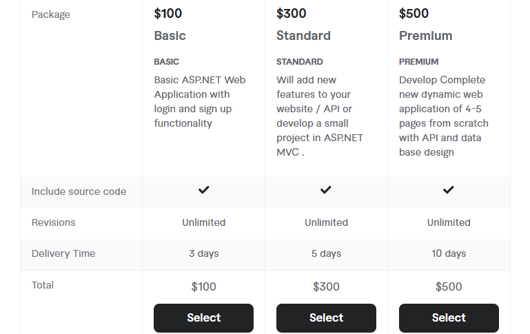 asp dot net or asp net mvc web application pricing