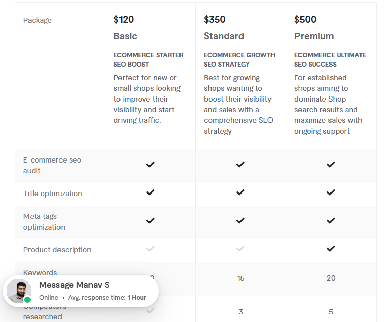 ecommerce seo on shopify store pricing