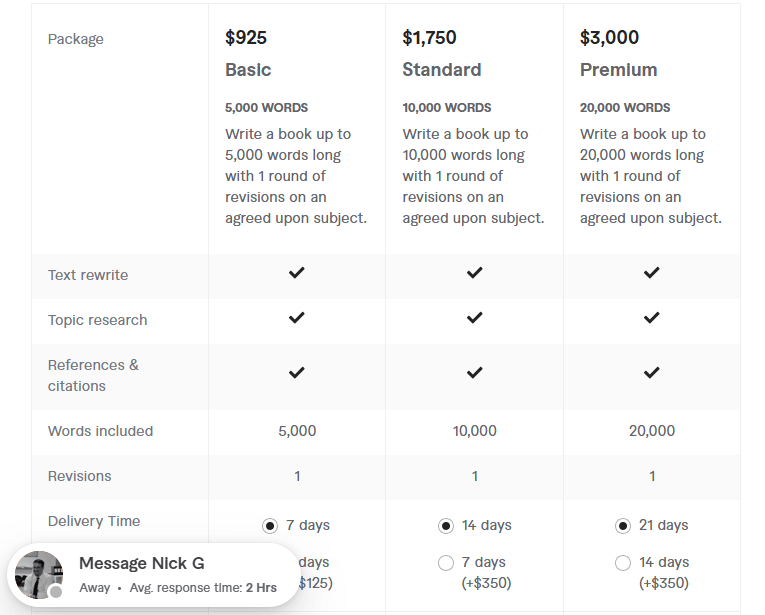 ghostwrite a book or ebook pricing