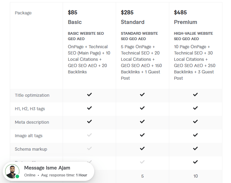 onpage seo geo aeo service pricing