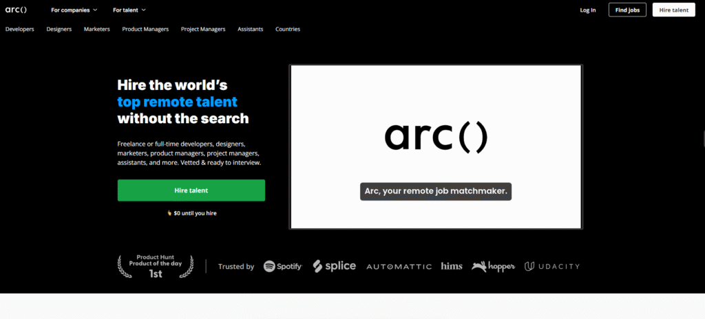Arc.dev is a remote hiring platform that connects companies with pre‑vetted freelance and contract developers, designers, marketers, and other professionals.
