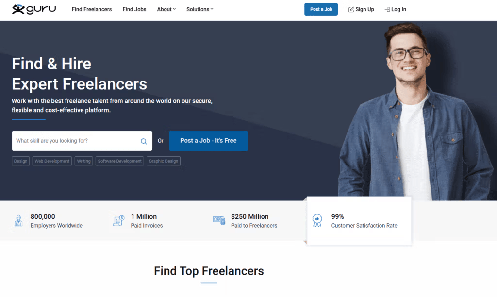 Guru is a reliable freelance platform that connects beginners with clients from around the world.