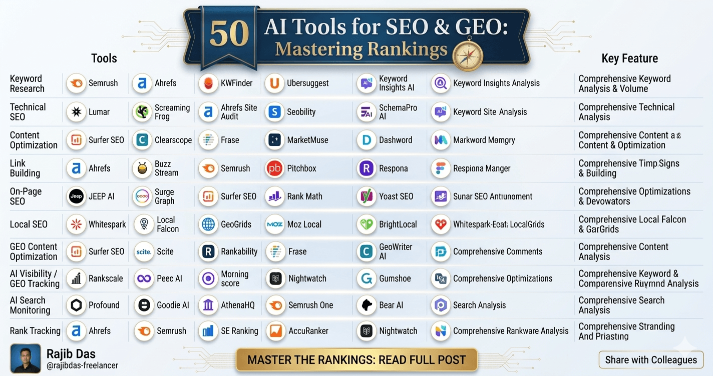50+ AI Tools for SEO and GEO: Mastering Rankings, AI Visibility, and Generative Engine Optimization in 2026