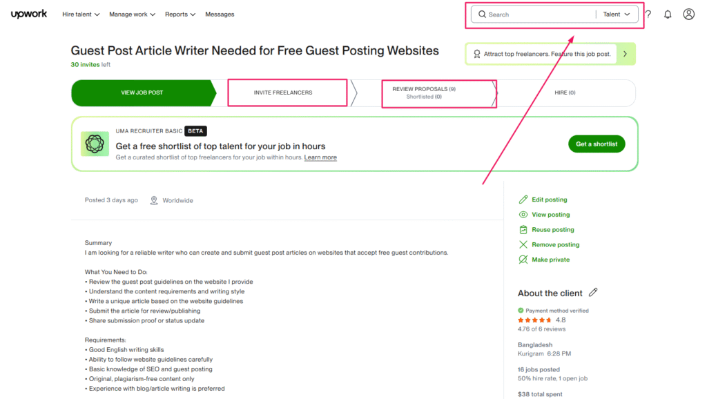 Search and Invite Freelancers Proactively on upwork
