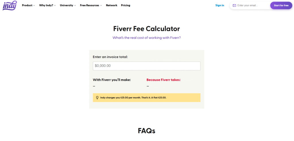 Indy Fiverr Service Fee Calculator (Best for Real Cost Visualization)