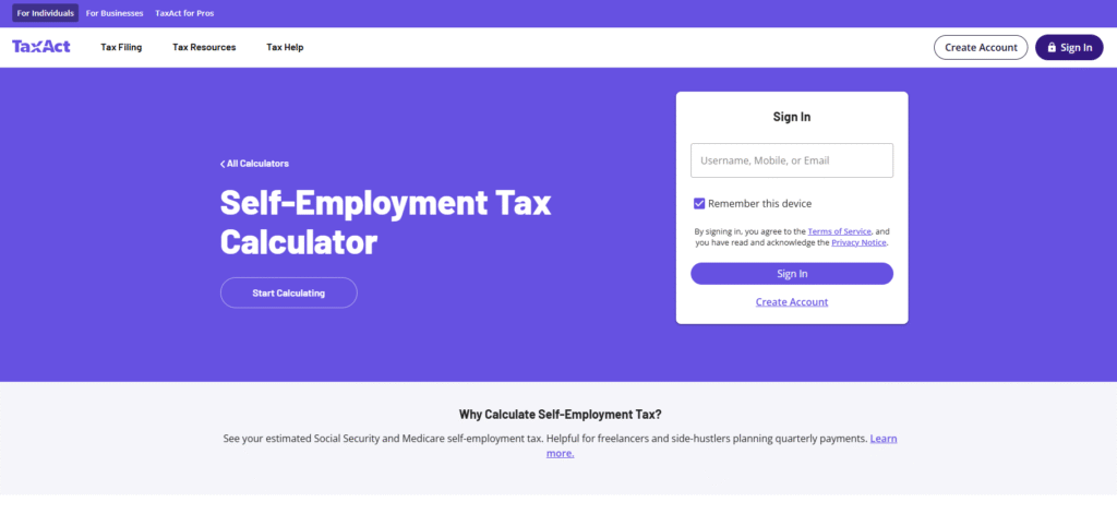 3. TaxAct Self-Employment Calculator (Best for Simple, Accurate SE Tax Estimates)