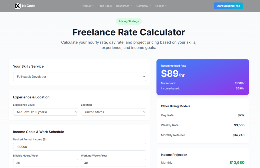 NxCode Freelance Rate Calculator – Best for Tech Freelancers and Developers