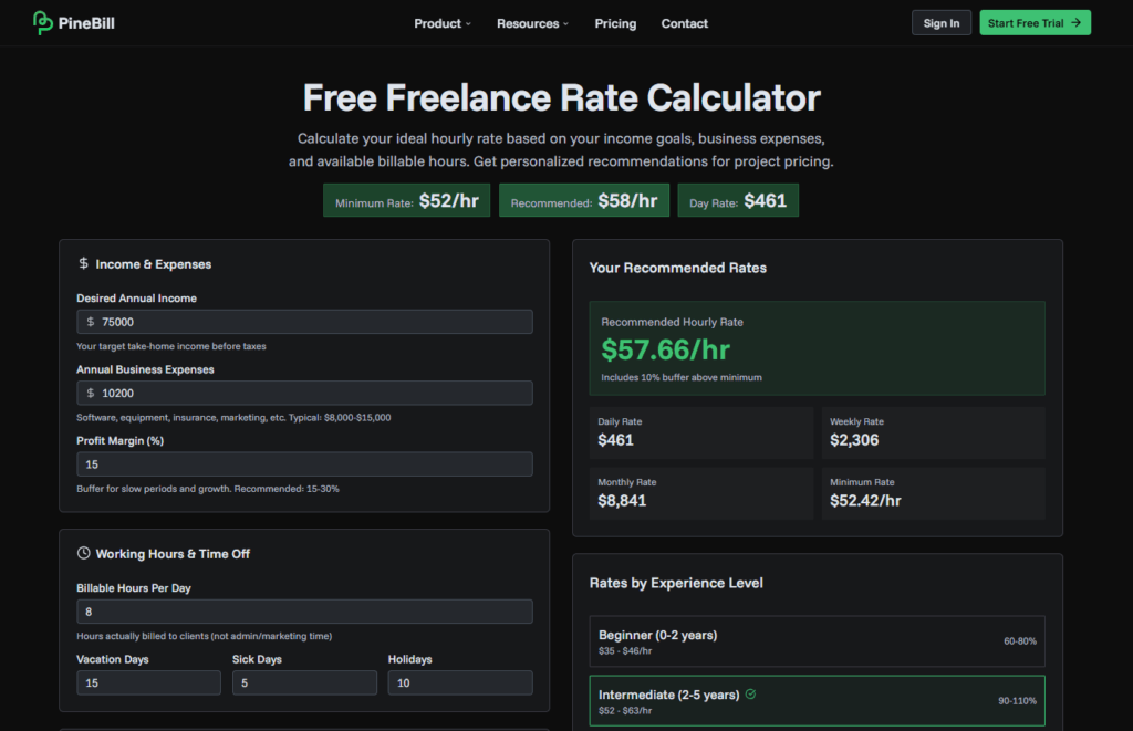 PineBill Freelance Rate Calculator – Best for Detailed Expense and Profit Planning