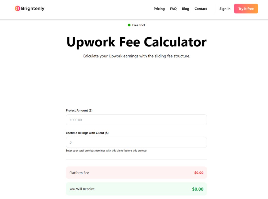 Brightenly Upwork Fee Calculator (Best Simple Sliding-Scale Tool)