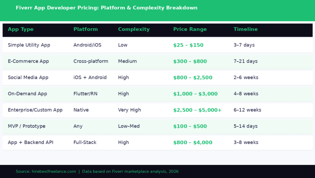 Fiverr App Developer Pricing by App Type (2026)